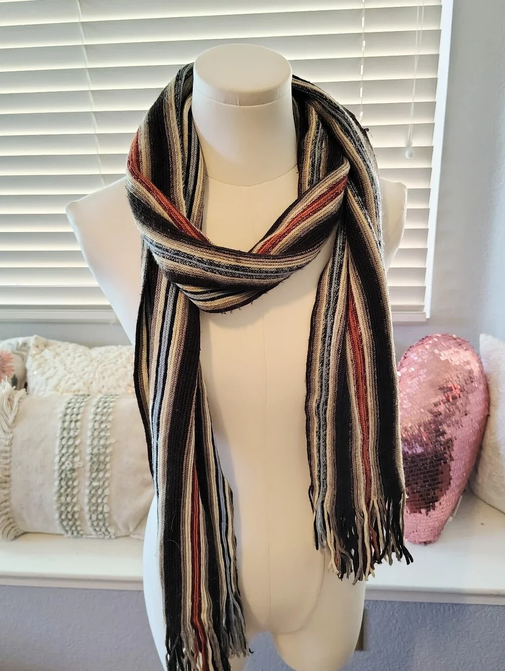 H&M Wool Multicolored Orange Black Blue Red Scarf With Fringe